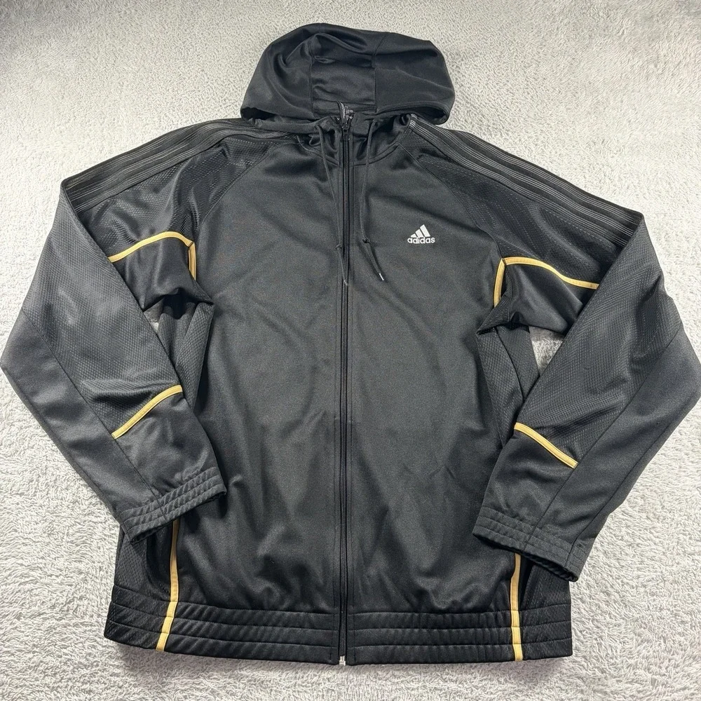 Adidas Track Jacket Mens XL Tall Full Zip Hooded Black Gold Sweater